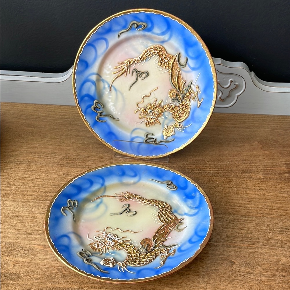 Set of Blue and Gold Dragon Matching Decorative Clay Plates